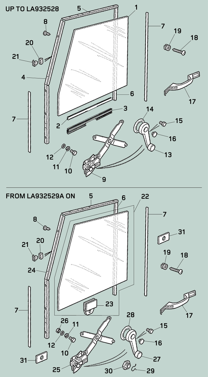 Land Rover Defender Single Piece Front Door Channels, Glass