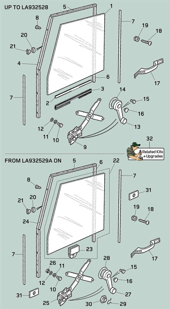 land rover defender single piece front door channels glass regulator