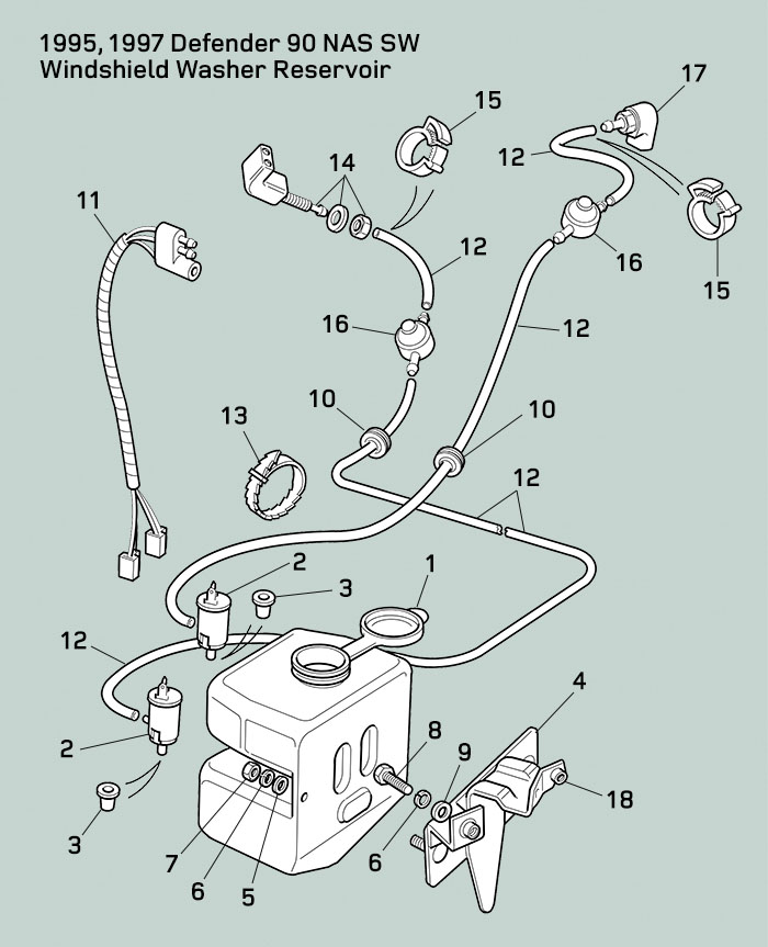 Land Rover Defender 95 - 97 NAS 90 SW Washer Reservoir & Pump